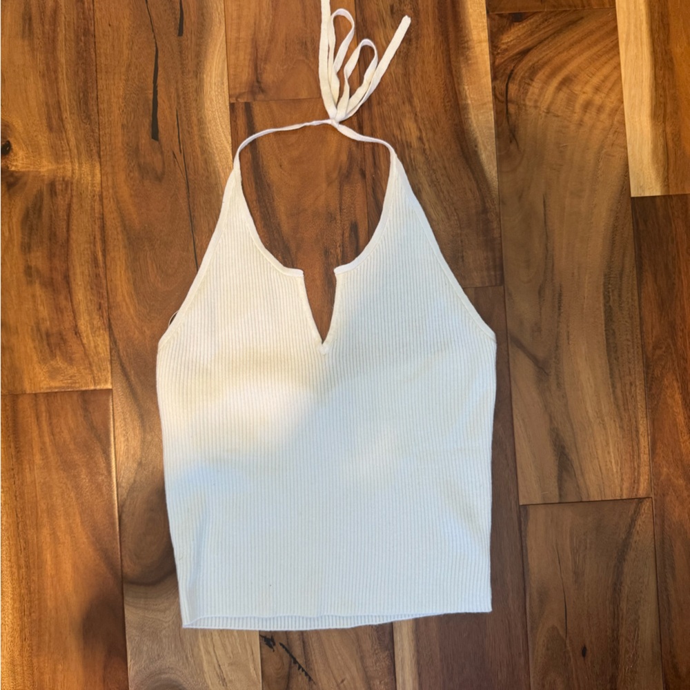 La Hearts Cream Ribbed Halter Tank